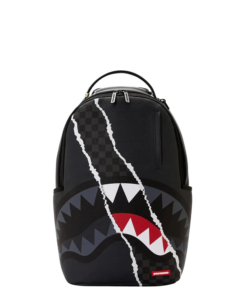 center rip revealing gray<BR/>check backpack 
