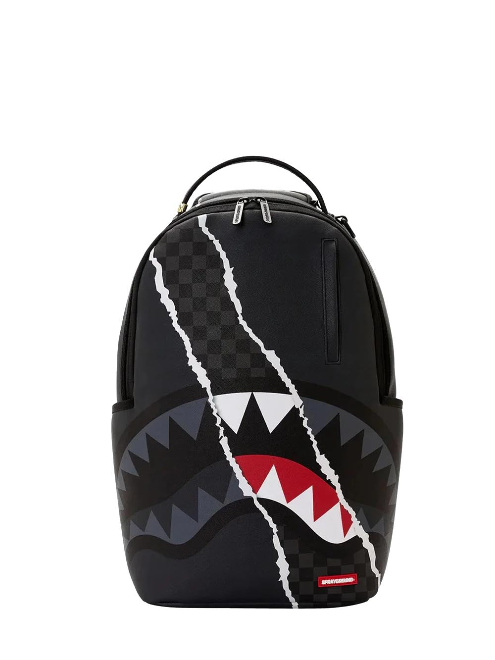 center rip revealing gray<BR/>check backpack 