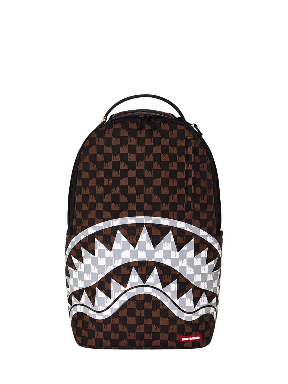 brown and cream drip check<BR/>shark backpack 