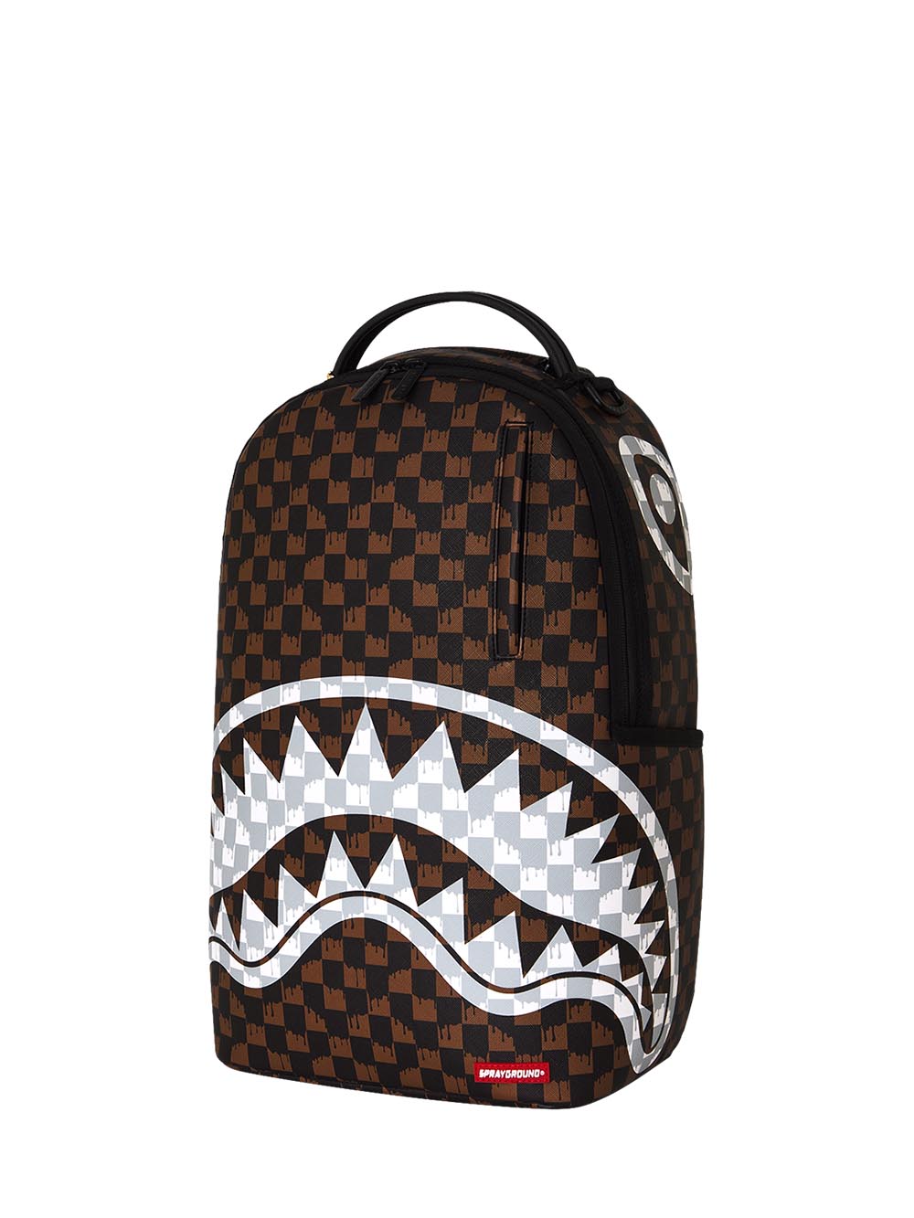 brown and cream drip check<BR/>shark backpack 