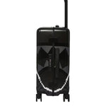center rip revealing gray check carry-on luggage