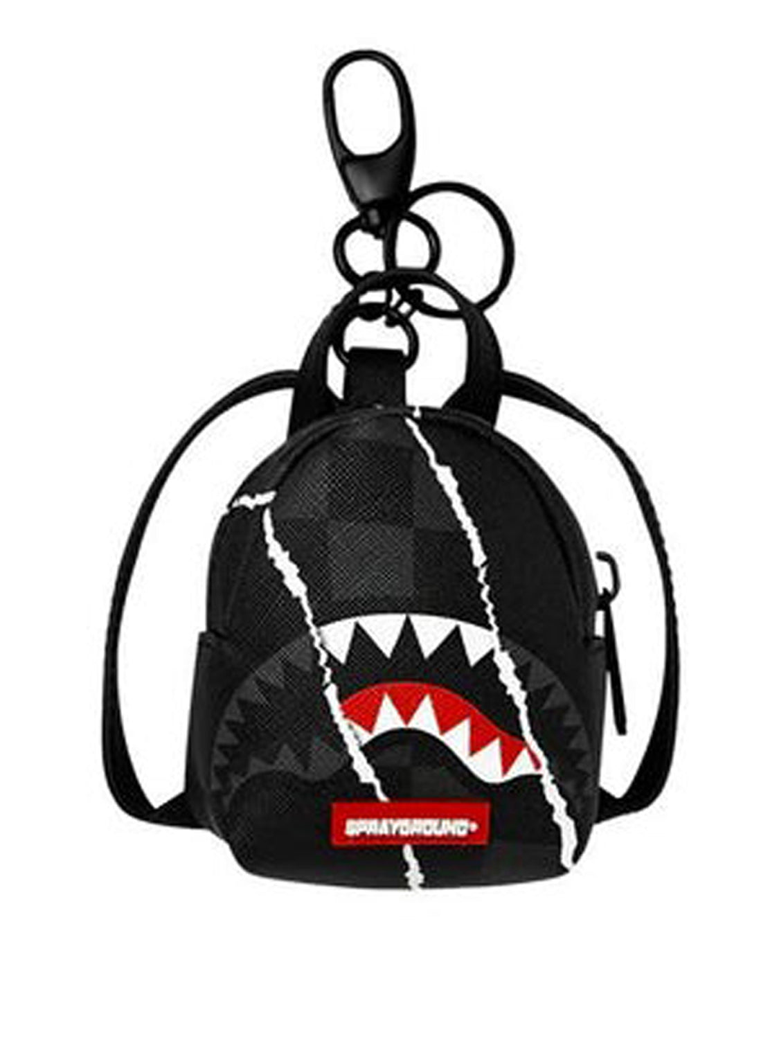 center rip revealing gray check backpack keychain