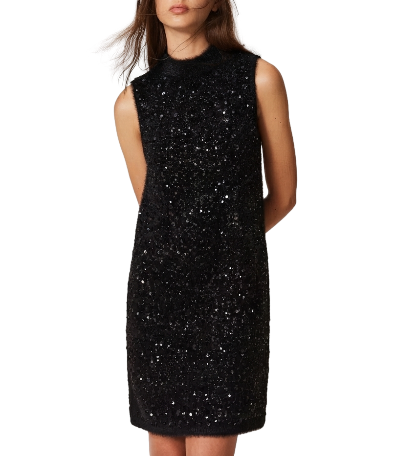 Mini Knit Bouclé Dress with Sequined Embroidery